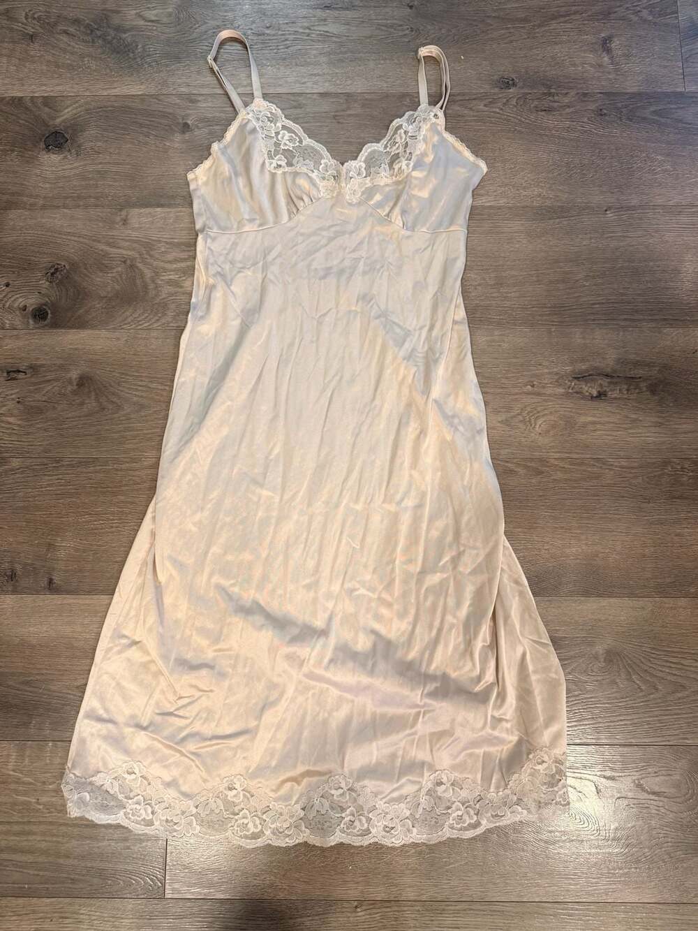 Vintage Beige Nylon Lace Trim Full Slip Dress